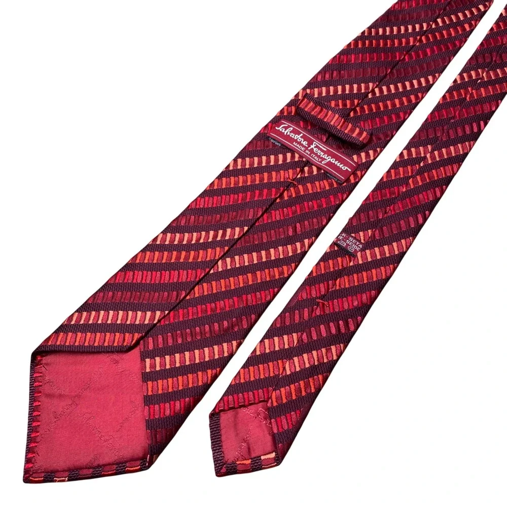 Salvatore Ferragamo Silk Necktie Geometric Stripe Italy Burgundy Orange Luxury